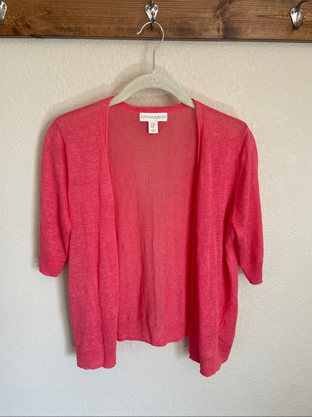 Cynthia Rowley 100% Linen Coral Pink Open-Front Short Sleeve Breezy Cardigan M